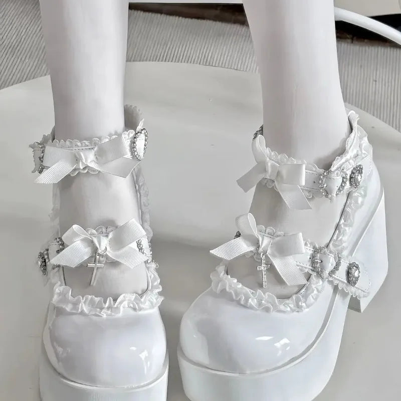 LIZAKOSHT  -   Heightening JK Lolita Leather Shoes Punk High Heel Pumps Cross Stitch Lace Up Platform Thick Sole Versatile Cosplay Loafers