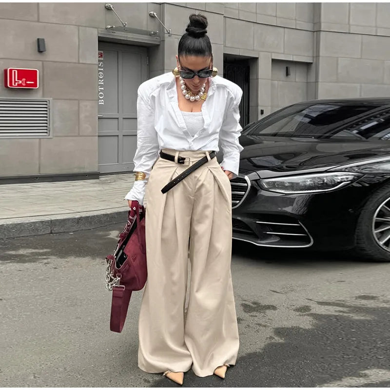 LIZAKOSHT  -  Casual Khaki Pleated Wide Legs Pants Women Chic High Waist Baggy Trousers Female 2025 Spring Summer New Fashion Office Pant