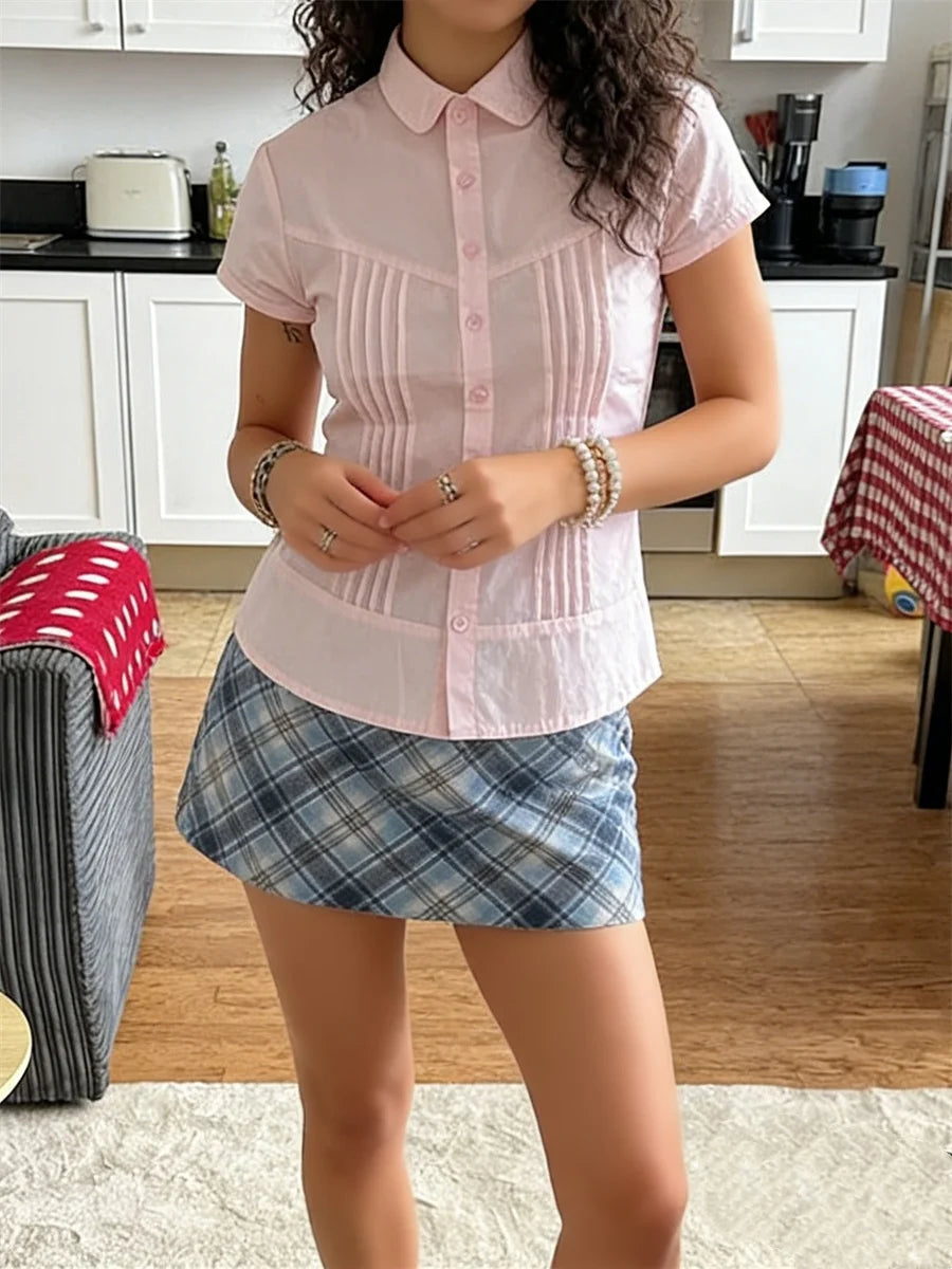 LIZAKOSHT  -  Women's Summer Shirt Solid Color Short Sleeve Lapel Button Down Pleated Slim Fit Tops