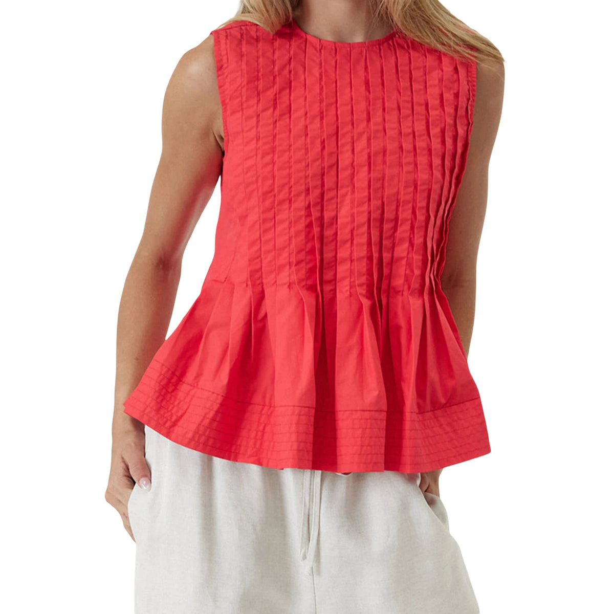 LIZAKOSHT  -  Women s Sleeveless Pleated Tank Top with Round Neck and Ruffled Hem - Solid Color Casual Summer Streetwear Shirt