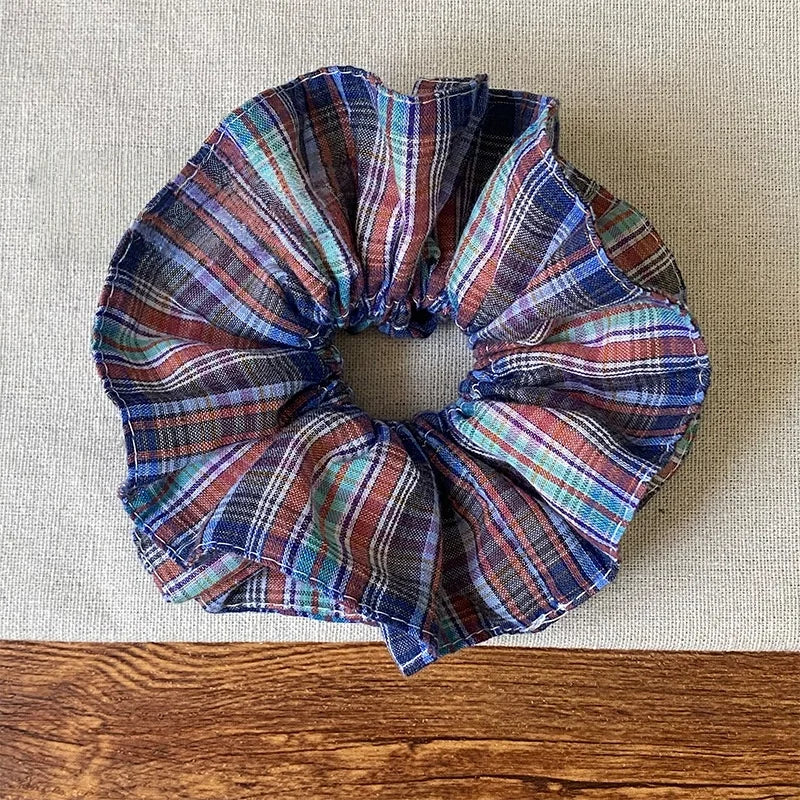 LIZAKOSHT  -  1PC Navy Blue Plaid Double-Layer Large Intestine Hair Scrunchie for Women - Elegant Hair Tie for Buns, Side Low Ponytails