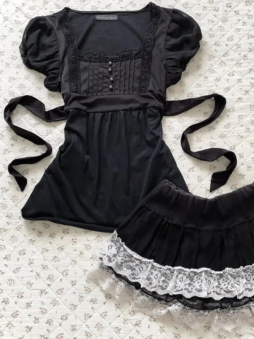 LIZAKOSHT  -  Gentle Sexy Dark Subculture 2000s T Shirts Summer Gothic Harajuku Aesthetic Short sleeve Femme Slim Girdling Waist Lace T Shirts