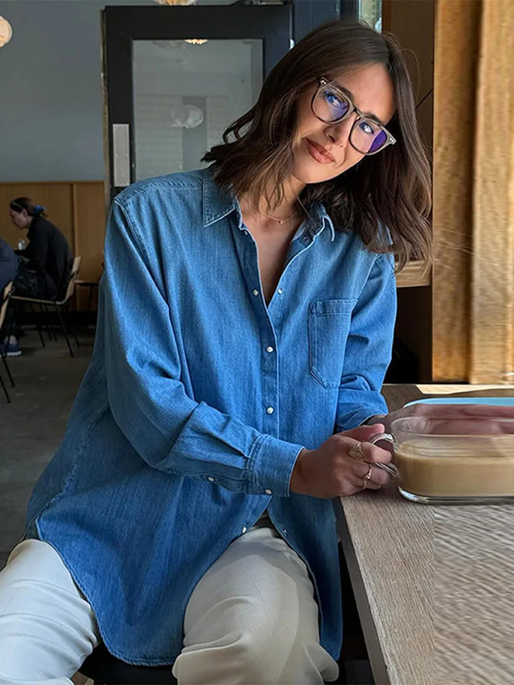 LIZAKOSHT  -  Casual Denim Blue Shirt Women Spring Summer Sun Protection Cardigan Solid All-match Shirts With Button Lady Streetwear
