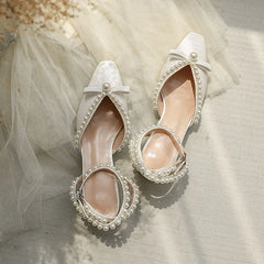 LIZAKOSHT Spring and Summer Mary Jane Single Shoes Pearl Fairy Women's Shoes Wedding Dress Shoes Middle Heel Sweet Baotou Sandals