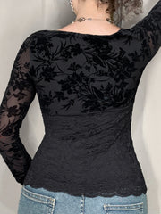 LIZAKOSHT  -  Sweetown Black Lace V-Neck Slim Fit Long Sleeve Women Blouses Sexy Hottie All-Match Chic Fashion Trendy Clothing