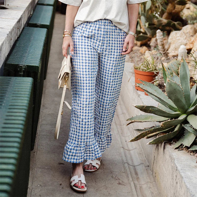 LIZAKOSHT  -  Plaid Print Pants Women y2k Clothes Elastic Waist Wide Leg Loose Ruffle Hem Trousers Summer Clothing 2000s Streetwear