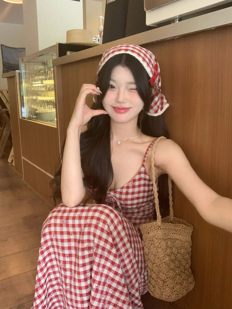 LIZAKOSHT  -  Sexy Backless Red Plaid Dress Women Summer Sweet Skinny Spaghetti Strap Dress Pretty Style Chic Elegant Party Night Vestidos
