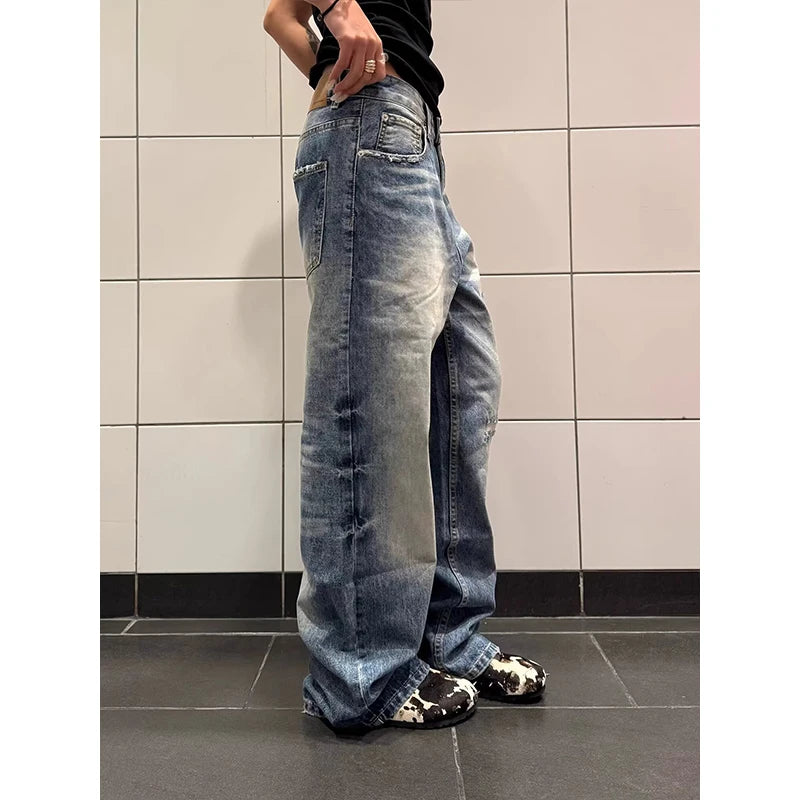  LIZAKOSHT  -  Blue Vintage Y2k Women Jeans Wash Harajuku Low Waist Japanese 2000s Style Denim Pants Baggy American Streetwear Summer