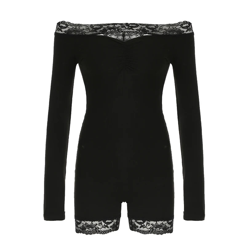 LIZAKOSHT  -  Sweetown Slim Black Lace Trim Playsuit Women Sexy Comfortable Long Sleeve Classical Rompers 2024s New Chic