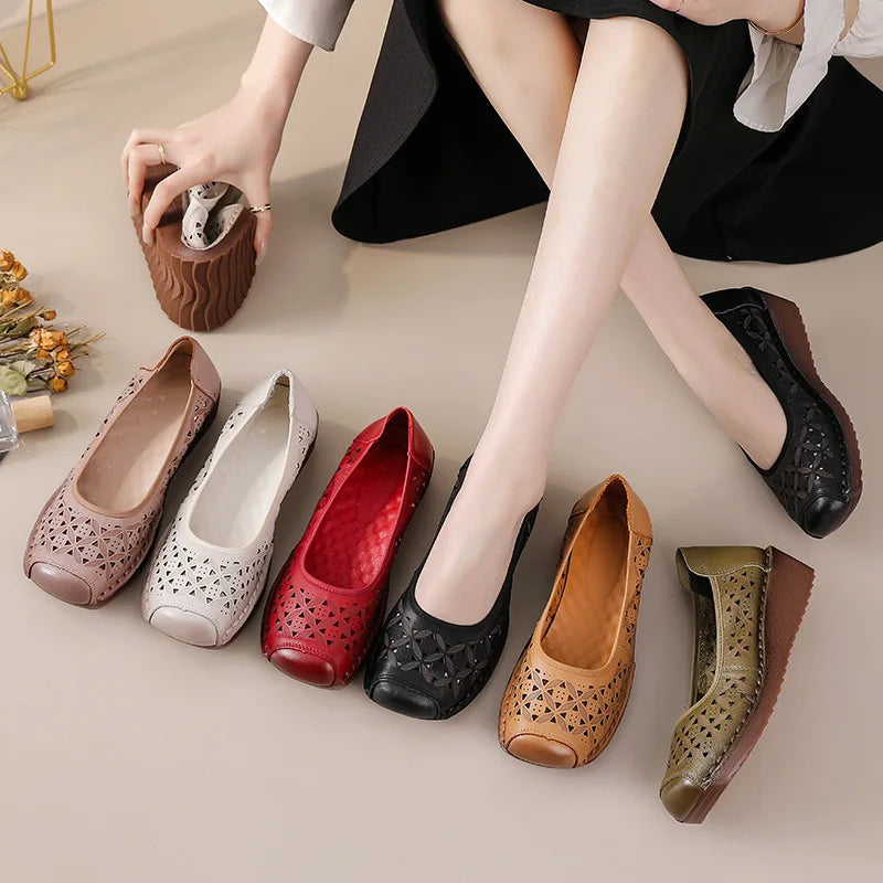 LIZAKOSHT  -  Women's Summer Real Leather Wedge Red Flats Cut out Loafers Vintage Breathable Slip-On Shoes Luxury Hollow Moccasin Female
﻿