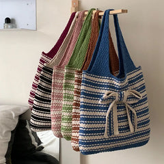 LIZAKOSHT  -  Japanese Gentle Y2k Knitted Shoulder Tote Bags Sweet Casual Contrast Color Underarm Bag Vintage Striped Women Shopping Handbags