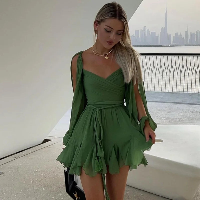 LIZAKOSHT  -  solid Irregular Ruffle print Halter Dresses Summer New Sleeveless Off Shoulder Holiday Robes Women Chic Highstreet Beach Dresses