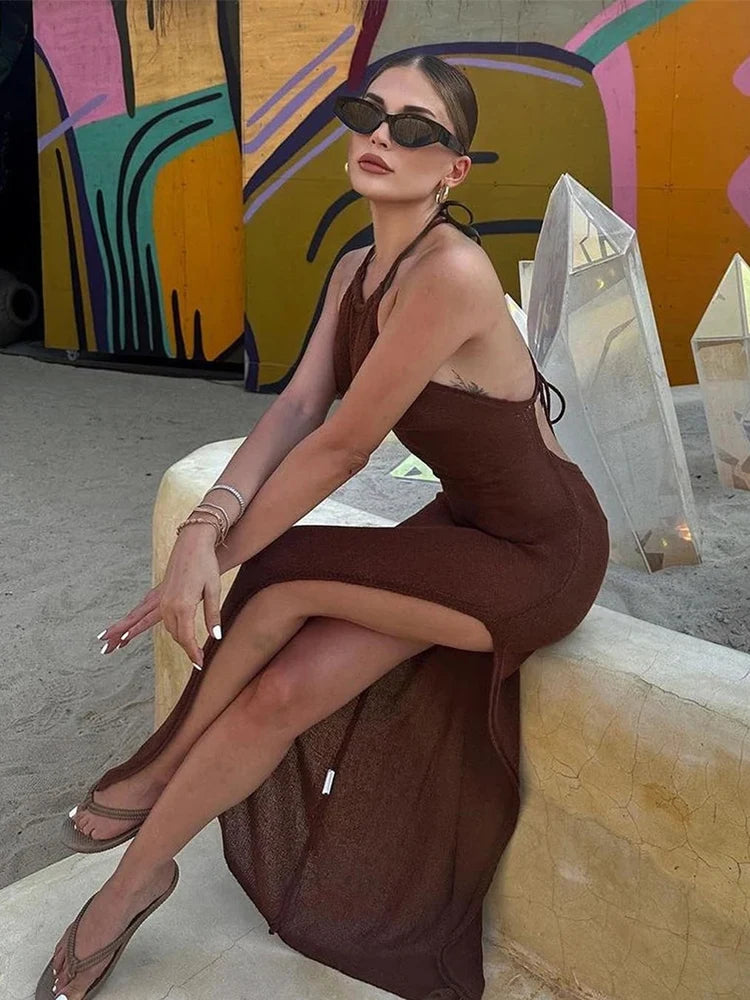 LIZAKOSHT  -  Summer Bikini Cover Up Beach Knitted Camisole Dresses Sexy Women Beach Cover-ups Women's Knit Long Dress Beachwear