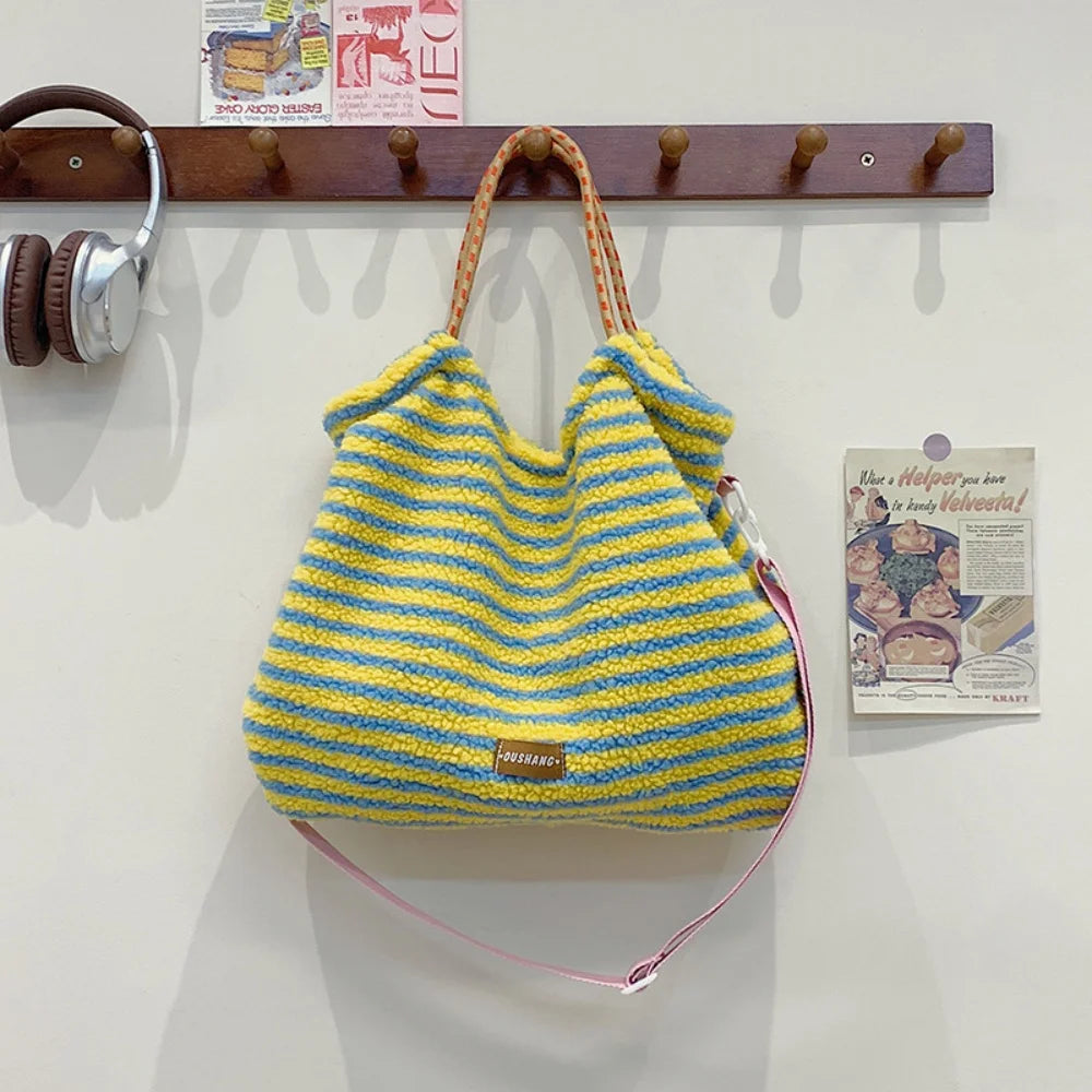 LIZAKOSHT  -  Striped Tote Bag For Women Cute Travel Plush Simple Shoulder Bag Fluffy Large Capacity Handbag For Winter