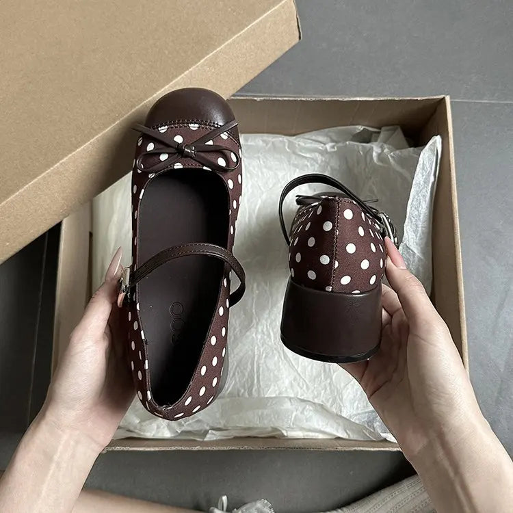 LIZAKOSHT  -  Cute Polka Dot Thick Heel Women Mary Jane Shoes Designer Buckle Strap Pumps Ladies Eelgant Butterfly-knot Dress Single Shoes