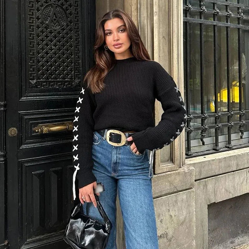 LIZAKOSHT  -  Solid  Loose Round Neck Sweater Women New Fashionable Lace Up Bow Pullover Sweaters Long Sleeved Casual Knitted Tops 2025