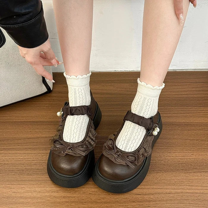 LIZAKOSHT  -  British Style Vintage Women Mary Jane Shoes Concise Butterfly-knot Single Shoes Ladies Height Increase Dress Leather Pumps