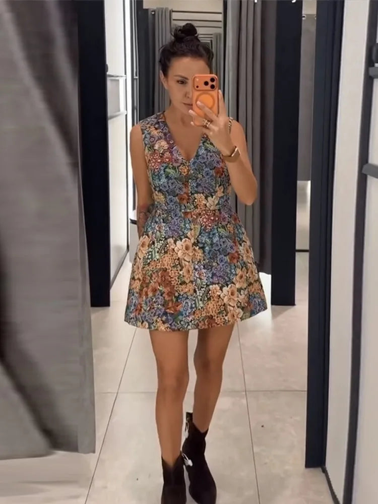 LIZAKOSHT  -  Vintage Print Mini Dress Women Mixed Floral Midi Dresses Sleeveless V Neck Button Front A Line Dress Summer Vacation Clothes