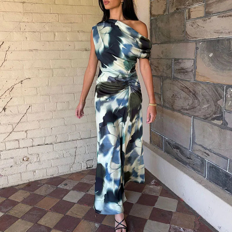 LIZAKOSHT  -  Women Fashion Irregular Hight Waist Holiday Dress Casual Sleeveless Print Party Dress Elegant Slant Shoulder Draped Long Dress