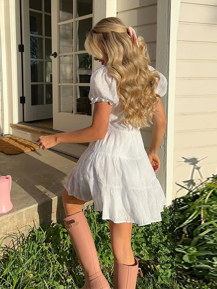 LIZAKOSHT  -  Casual Mini Dress Women Loose Square Neck Short Sleeves Lace Up Robe Female 2025 Spring Summer Fashion High Waist Dresses Lady