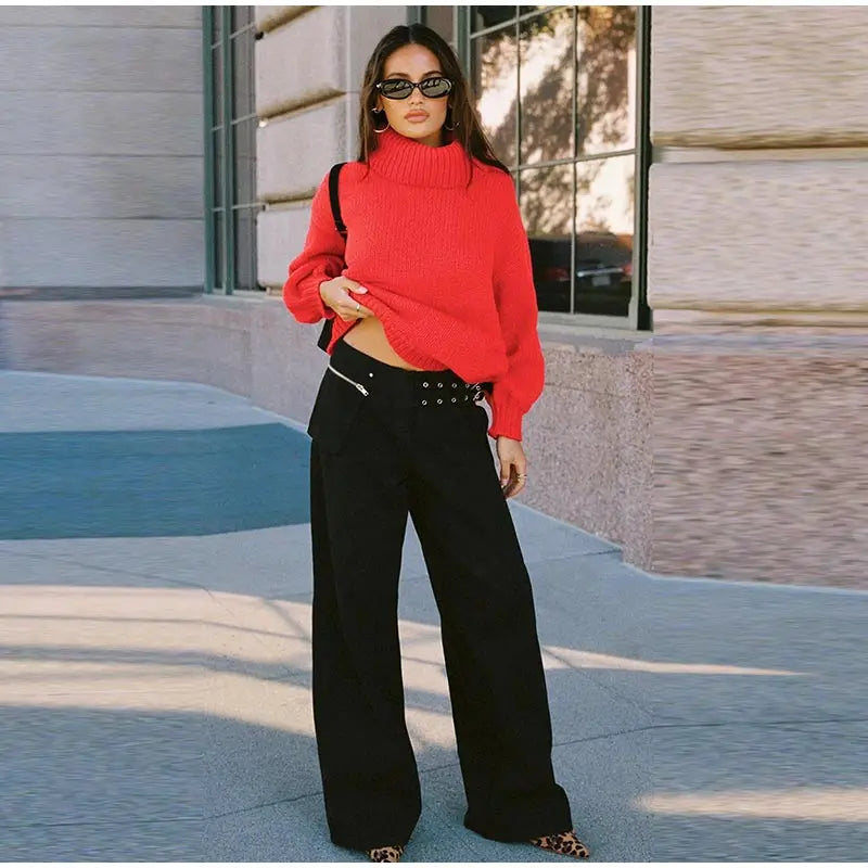 LIZAKOSHT  -  Street Belt Women Jeans Mid Waist Wide Leg Pockets Loose Female Denim Pants Autumn New Fashion All-match Lady Trousers