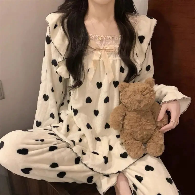 LIZAKOSHT  -  Coral Fleece Pajamas Sets for Women Plush Soft Warm Square Collar Lace Sweet  2 Piece Bow Tie Elegance Thickened Warm Homewear