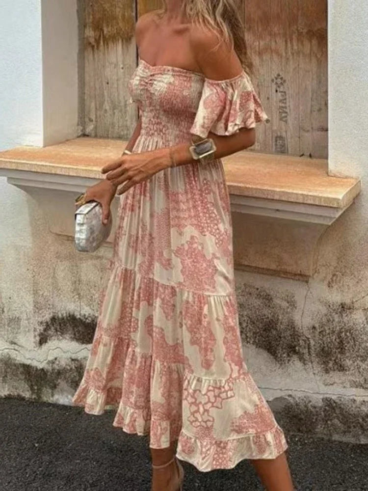 LIZAKOSHT  -  Summer Fashion Women's Elegant Dress Color Blocked Print Off Shoulder Strapless Sexy Lotus Leaf Sleeve Vacation Long Dress