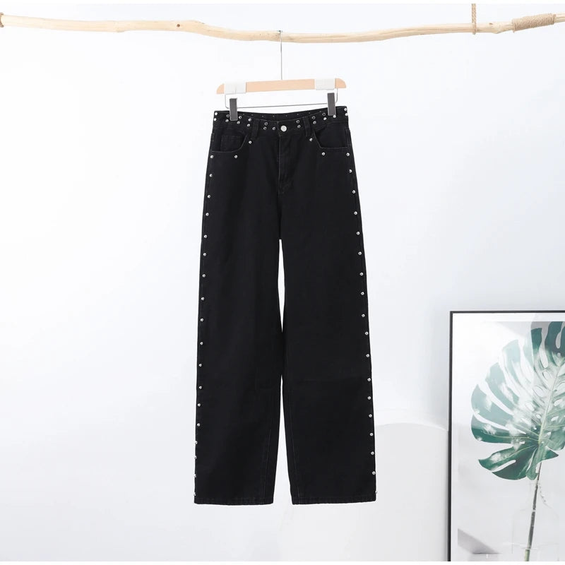 LIZAKOSHT  -  Chic Diamonds Leopard Pentagram Pants For Women Straight-leg Ankle-length Pocket Jeans 2025 Spring Summer Female Casual Trousers
