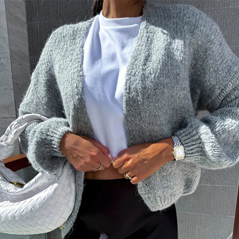 LIZAKOSHT  -  Elegant Solid Color Commuting Sweater Coat Autumn Winter Soft Warm Knitted Sweater Casual Women's V-neck Long Sleeved Cardigan