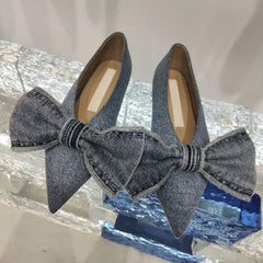 LIZAKOSHT  -  New Blue Square Toe Bowknot Princess Single Shoes Spring and Summer Denim Shallow Mouth Sweet Personality Casual Flat Shoes