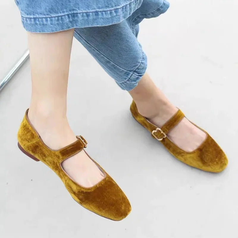 LIZAKOSHT -  Designer Women Velvet Mary Janes Belt Strap Shoes Ladies Square Toe Flats Ballerina Dress Barefoot Loafers Brides Ballets Femmes