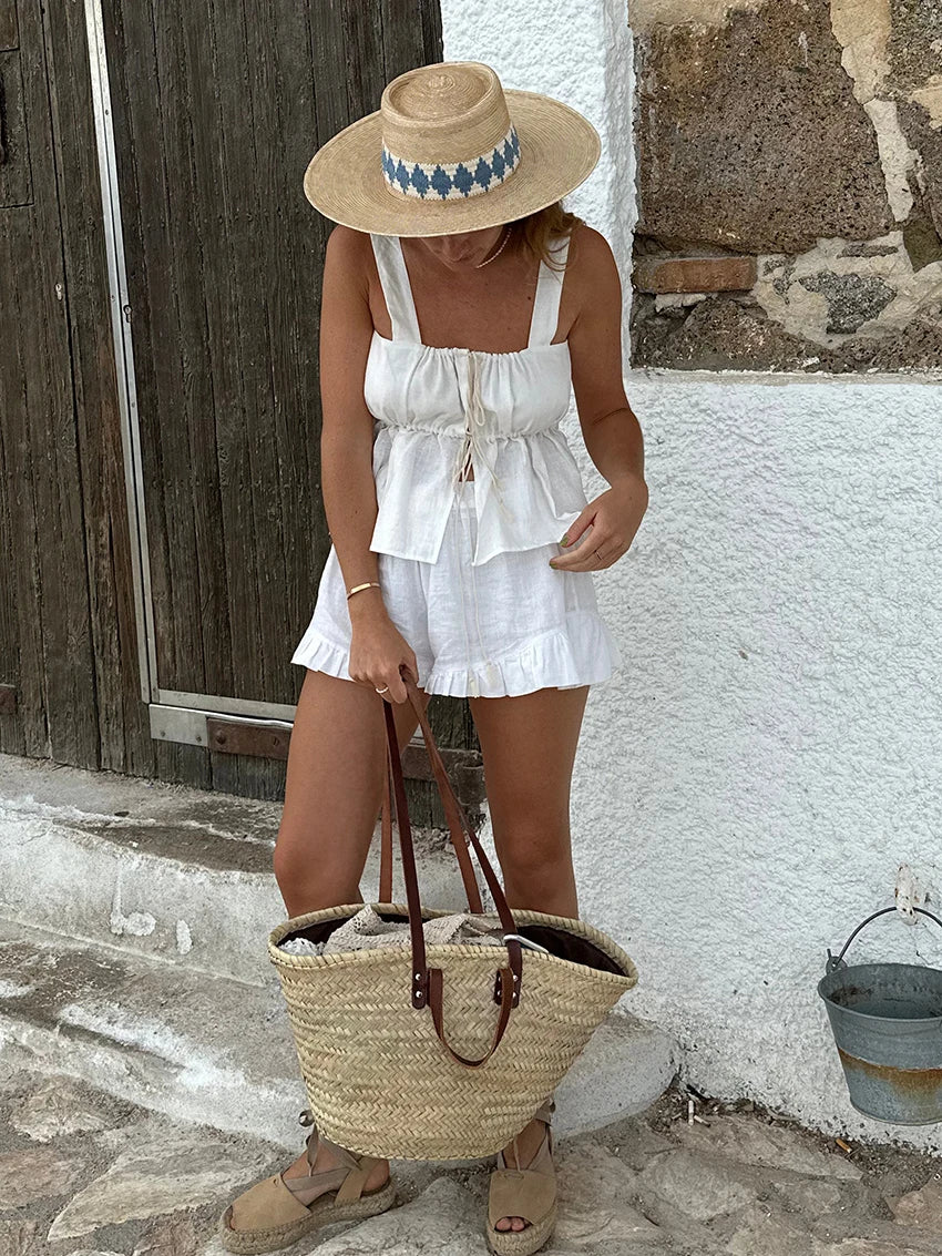LIZAKOSHT  -  White Summer Ladies Sleepwear Suit Strap Pajamas Square Collar Nightie Lace Up Nightgowns Shorts Casual Nightwear Set