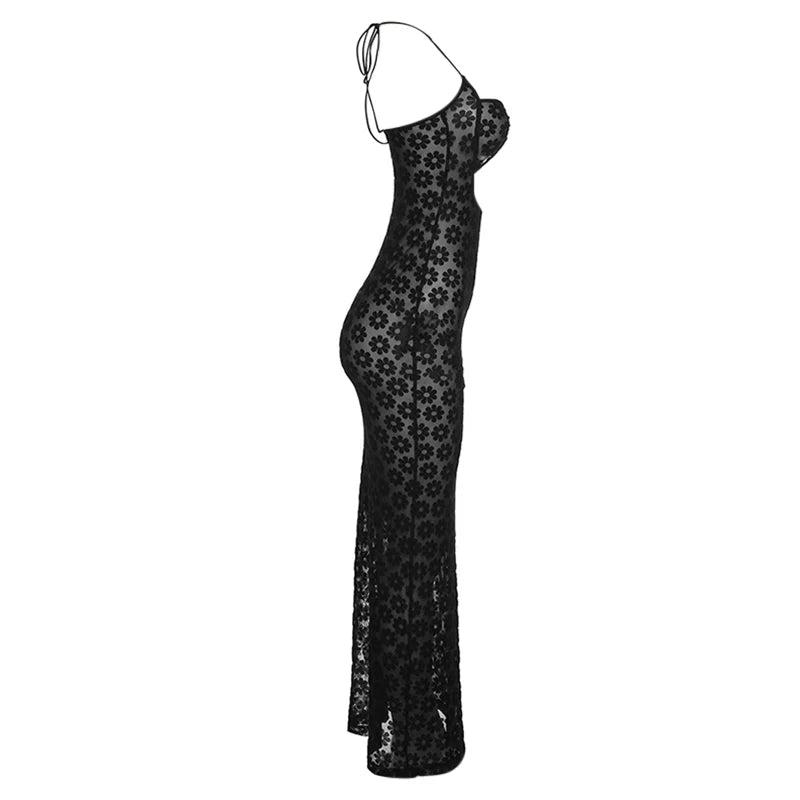 LIZAKOSHT  -  y2k Dress Women Summer Floral Print Hollow Out Spaghetti Strap Sleeveless Halter Neck Bodycon Dresses Party Dresses