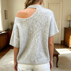 LIZAKOSHT  -  Women Vintage Fluffy Asymmetrical Cold Shoulder Knit Top Hollow Choker Neck Loose Casual French Daily Sweater Blouse