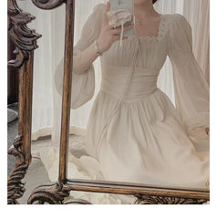 LIZAKOSHT  -  Korea Style Women's Long Nightdress Solid Square Collar Lace Patchwork Ladies Nightgown Long Sleeve Princess Night Dress Female