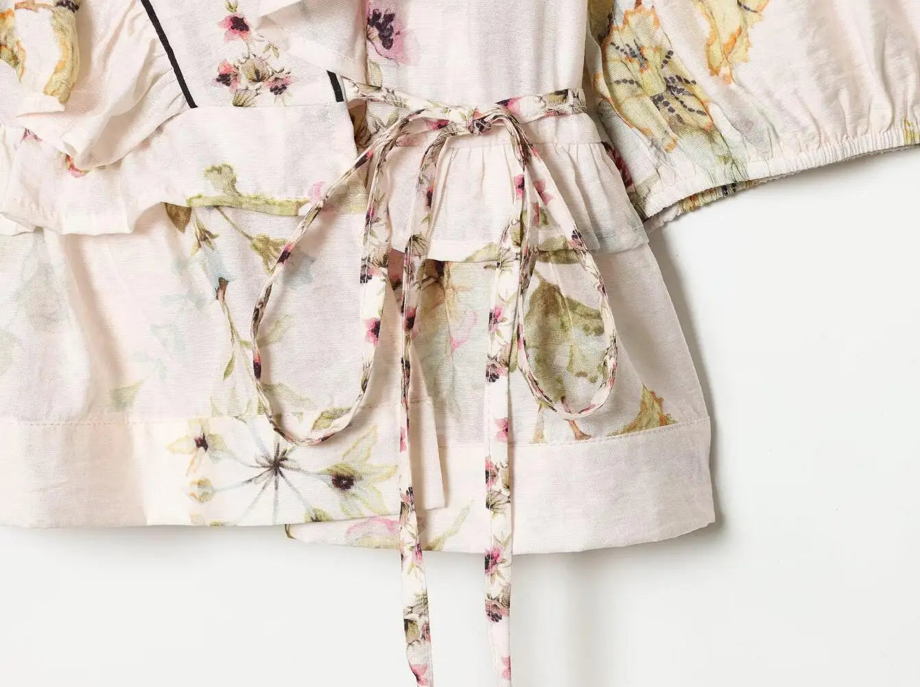 LIZAKOSHT  -  BOHO Light Pink Floral Print Tie Bow Sashes Wrap Shirt Short Women V neck Puff Sleeve Wood ears Waist Kimono Blouse Holiday Cape