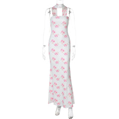 LIZAKOSHT  -  Elegant Floral Print Strapless Ribbon Sexy Bodycon Maxi Prom Dress Summer Women Clothes Birthday Party Festival