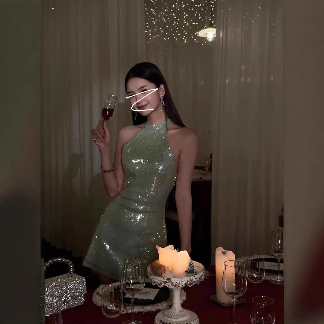 LIZAKOSHT  -  Sequin Halter Women's Dresses Sexy Backless Club Party Dress Solid Slim Sleeveless Long Dresses Female Elegant Mini Dress