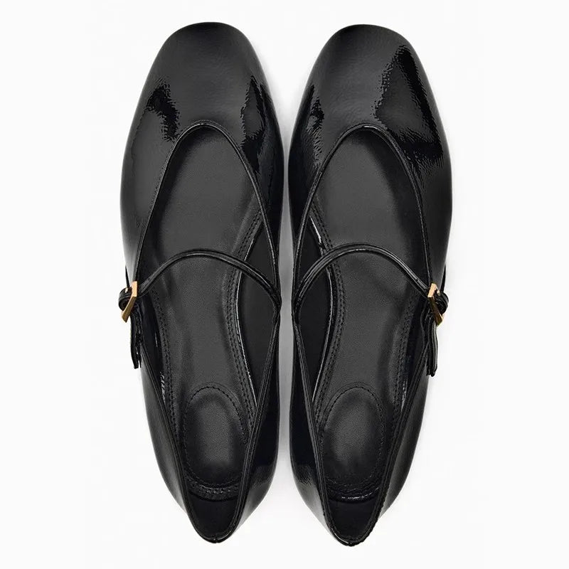 LIZAKOSHT  -  Patent Leather Women Mary Jane Shoes Brand Design Summer Black Beige Footwear Shallow Buckle Strap Ladies Ballet Flats