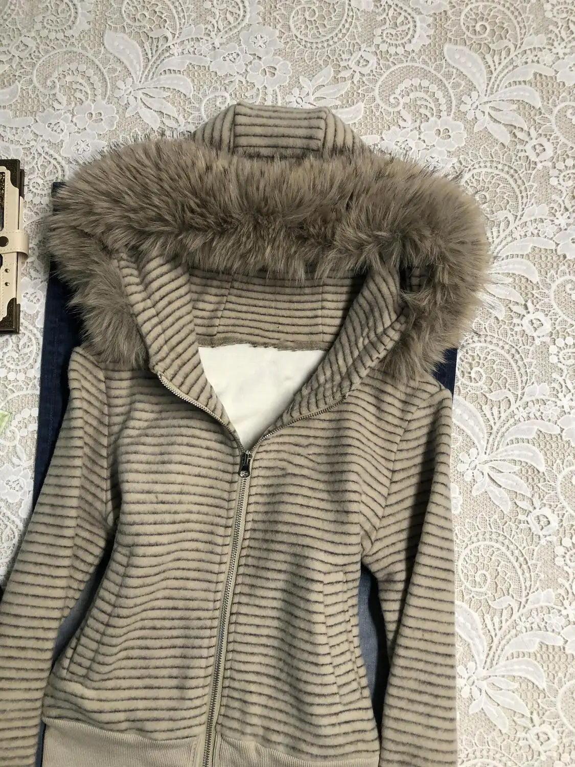 LIZAKOSHT  -  Punk Coat Y2k 2000s Vintage Faux Fur Collar Hoodie Zip-Up Woman Sweatshirts Goth Stripe Hot Girl Coat Winter Jackets Hip Hop Emo