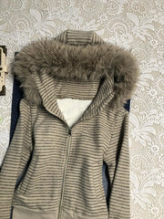 LIZAKOSHT  -  Punk Coat Y2k 2000s Vintage Faux Fur Collar Hoodie Zip-Up Woman Sweatshirts Goth Stripe Hot Girl Coat Winter Jackets Hip Hop Emo