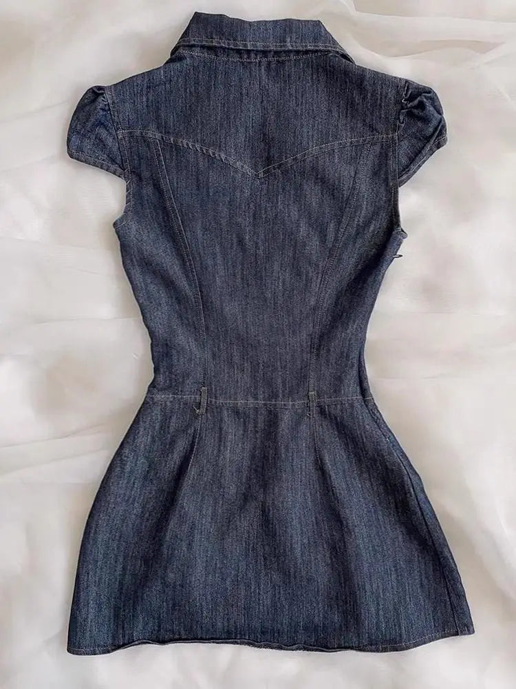LIZAKOSHT  -  Denim Dress Slim Y2k Short Sleeve Button Goth Vintage Streetwear Fashion Aesthetics Harajuku Short Dresses Mini Skirt Punk 2000s