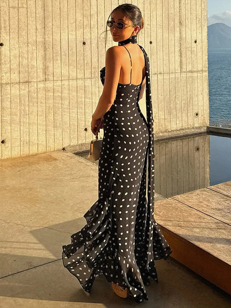 LIZAKOSHT  -  Halter Scarf Polka Dot Dress Pile Collar Slim Fit Suspender Lady Robes Beach Wrap Hip Fishtail Women's Camisole Long Dresses
