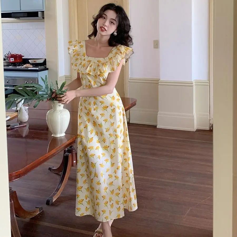 LIZAKOSHT  -  French Floral Dress Female Summer Slim Square Collar Temperament Ruffled Long Skirt