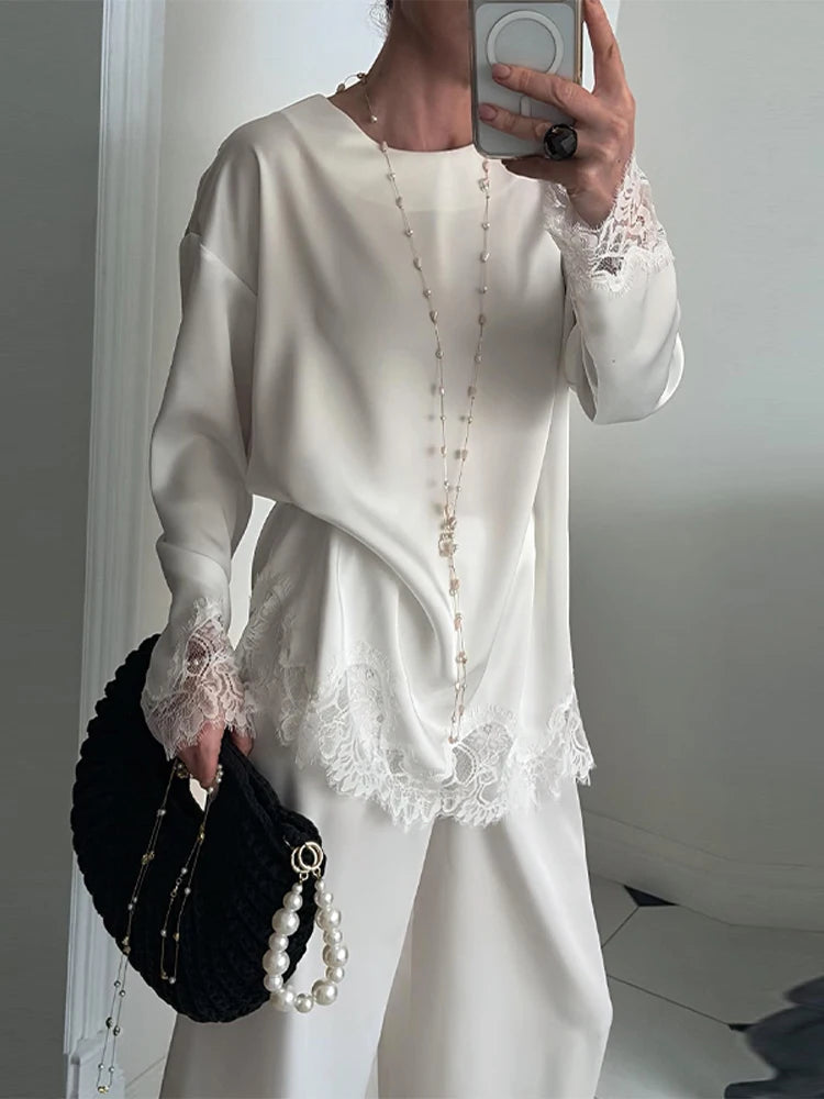 LIZAKOSHT  -  Ivory Satin Lace Trim Mini Dress Long Sleeve Buttoned Cuffs Spring Romantic Women Satin Skirt Fashion Sweet Lady Vestido