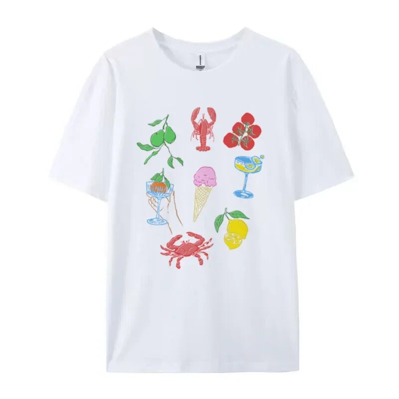 LIZAKOSHT  -  Italian Food T-Shirt Cute Lobster Seafood T Shirt Women Retro Cocktail Fruit Graphic Tee La Dolce Vita Shirt Summer Vacation Top