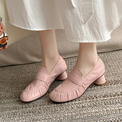 LIZAKOSHT  -  Fashion Loafers Women's New High Quality Genuine Soft Leather Shoes Round Head Ruched  High Heels Casual Shoes Women