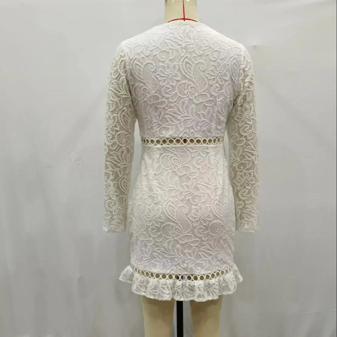 LIZAKOSHT  -  Sexy V neck Long Sleeve Short Robe Women Hollow Out Hole Spliced White Flower Lace Mini Dress