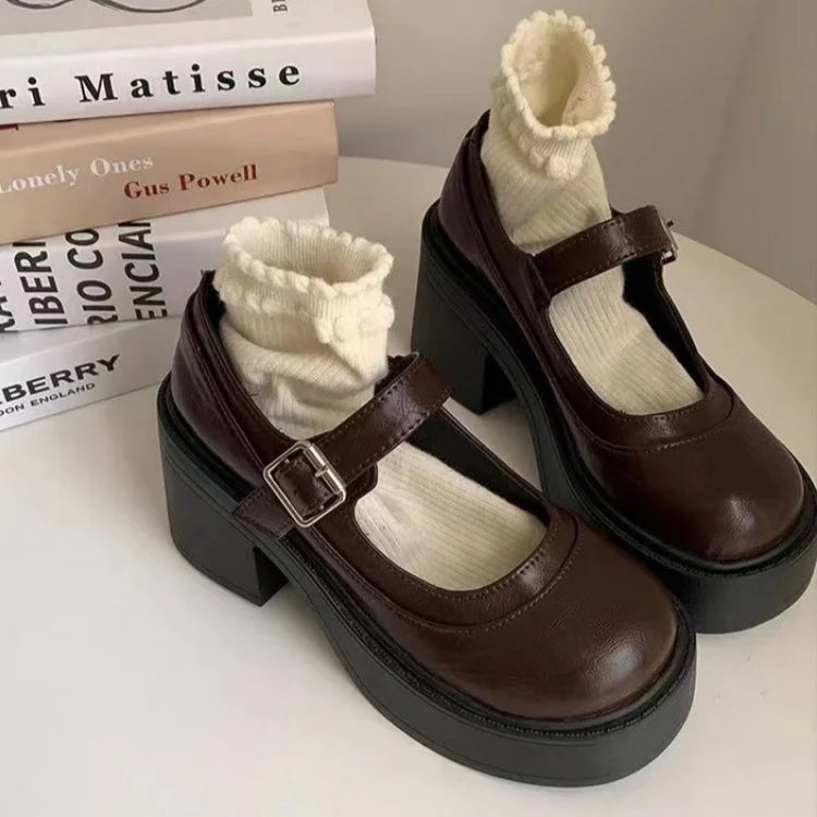 LIZAKOSHT  -  Bla Mary Jane Single oes for Women Thi Heel round Head Retro Japanese Sle Versatile Leather oes Roman Sle mid Heel