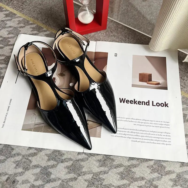 LIZAKOSHT  -  Gold Sandals Comfort Shoes for Women  Summer Suit Female Beige Fashion Low New Pointed Girls Black Fabric Buckle Strap Solid